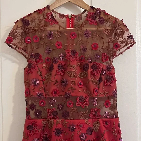 Bronx and Banco Della Rouge Mini Dress Red Floral Sheer Embellished Sz Medium 6 - Picture 8 of 12